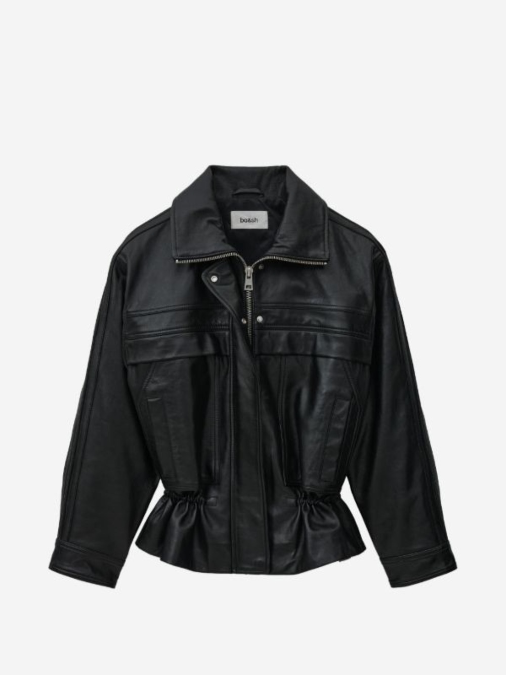 ba&sh Black Leather Peplum-Style Zip Jacket
